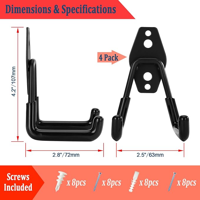 4 Pack Garage Hooks, Garage Tool Organizer Wall Mount, Heavy Duty - Image 3
