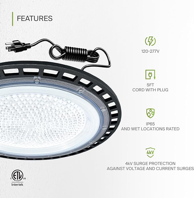 ASD LED High Bay UFO Light Fixture, Commercial Shop Lighting | Plug & Play Cable - Image 3