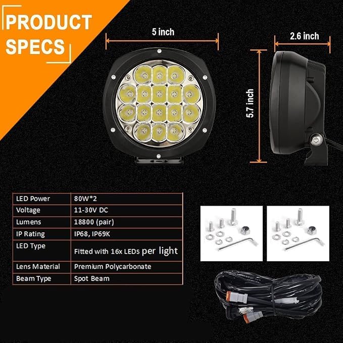 BIGLION.X 5Inch 160W Round Led Driving Lights Off Road Spot Lights Offroad - Image 5