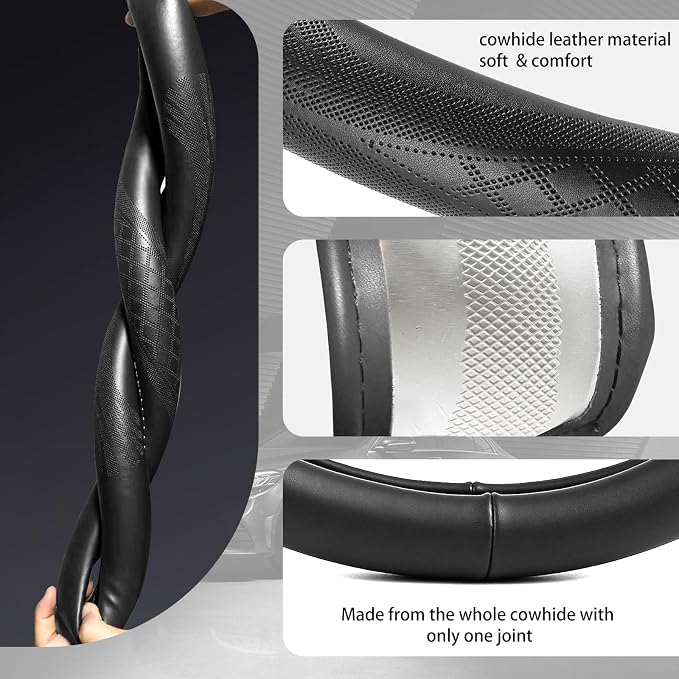 【2025 Model】 High-Grade Real Cowhide Steering Wheel Cover，Black Genuine Leather - Image 4