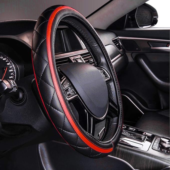 CAR PASS Sporty Quilting Leather Universal Fit Steering Wheel Cover, Fit - Image 3