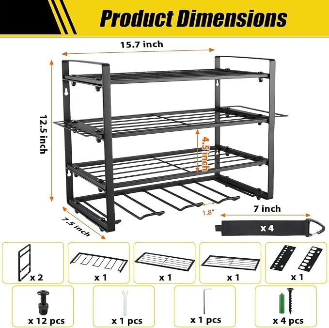Power Tool Organizer Wall Mount, 2 Pack 4 Layers Garage Wall Shelving, 8 Drill - Image 3