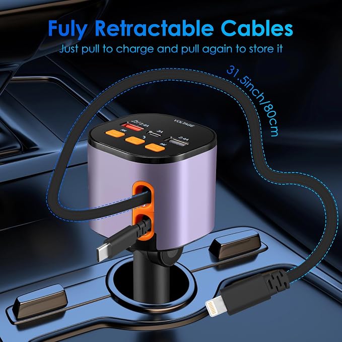 Retractable Car Charger, 5 in 1 Fast Car Phone Charger 90W, Handsfree Call - Image 6