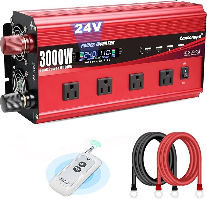 3000W Power Inverter 24V to 110V/120V DC to AC by Cantonape