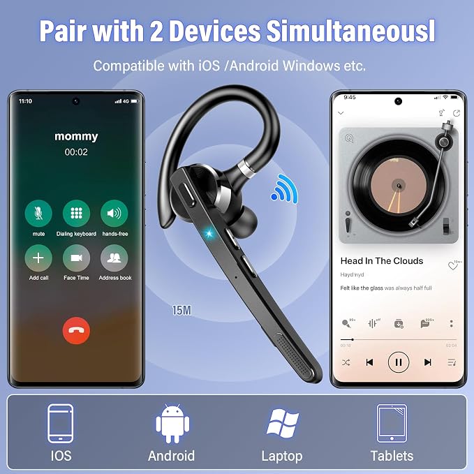 Bluetooth Headset, Wireless Bluetooth 5.3 Earpiece, 90Hrs Hands Free Headset - Image 3
