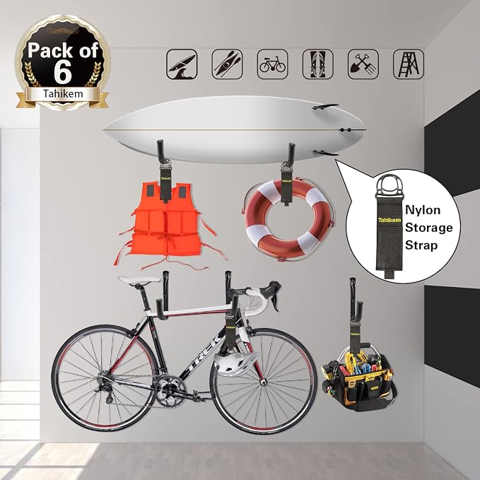 6 Set Garage Wall Mounts, 9 Large Wall J Hooks - Image 5
