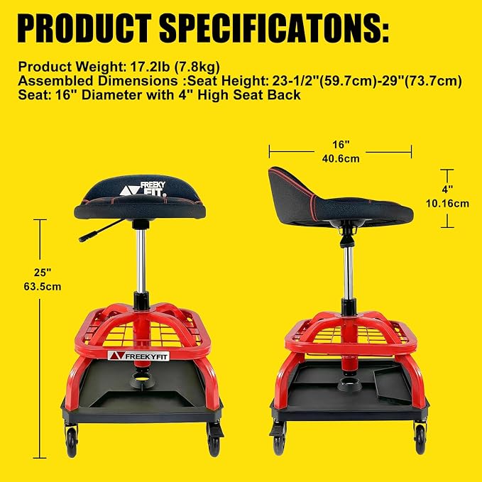Rolling Shop Stool with Wheels, Garage Work Mechanic Stool with Backrest - Image 9