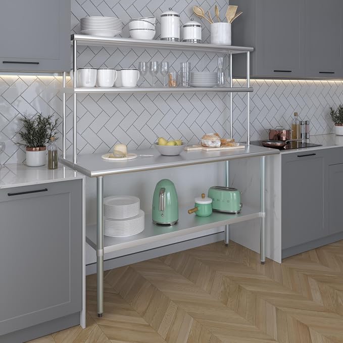Amgood Stainless Steel Work Table Double Tier Overshelf | Metal Kitchen Prep - Image 5