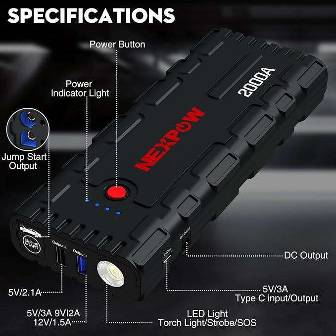 NEXPOW Car Jump Starter, 2000A Peak 12V Portable Car Battery Starter, Auto - Image 6