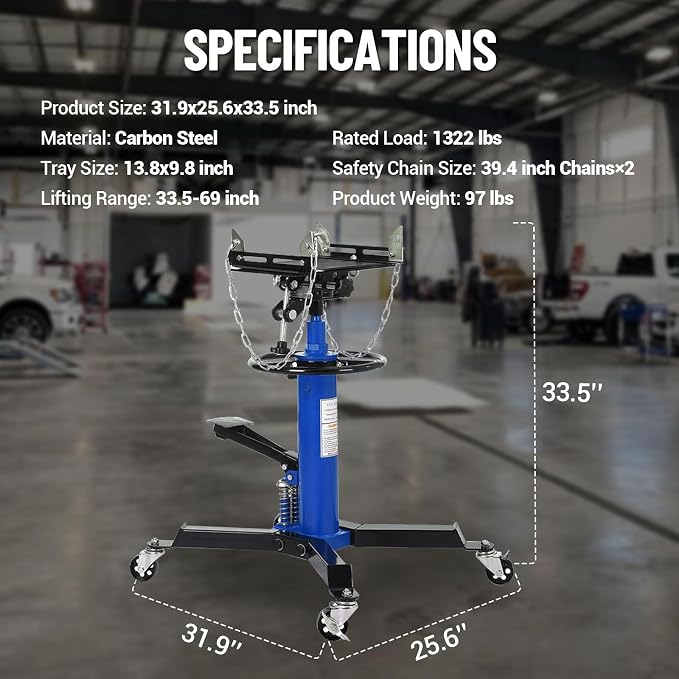 Dual Plunger Hydraulic Transmission Jack 1322lbs Capacity, 33.5"-69" High Lift - Image 7
