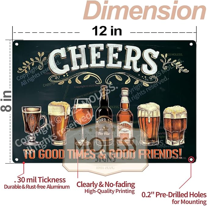 "Cheers to Good Times" Vintage Bar Sign or Man Cave Decor – 12x8″ Durable Metal - Image 2
