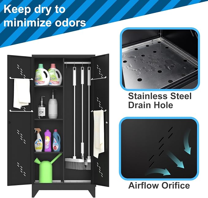 71" Broom Closet Cabinet with Hanging Rod, Tall Black Metal Storage Cabinet - Image 3
