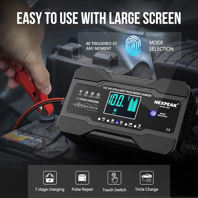 NEXPEAK 10-Amp Car Battery Charger, 12V and 24V Smart Fully Automatic Battery - Image 3