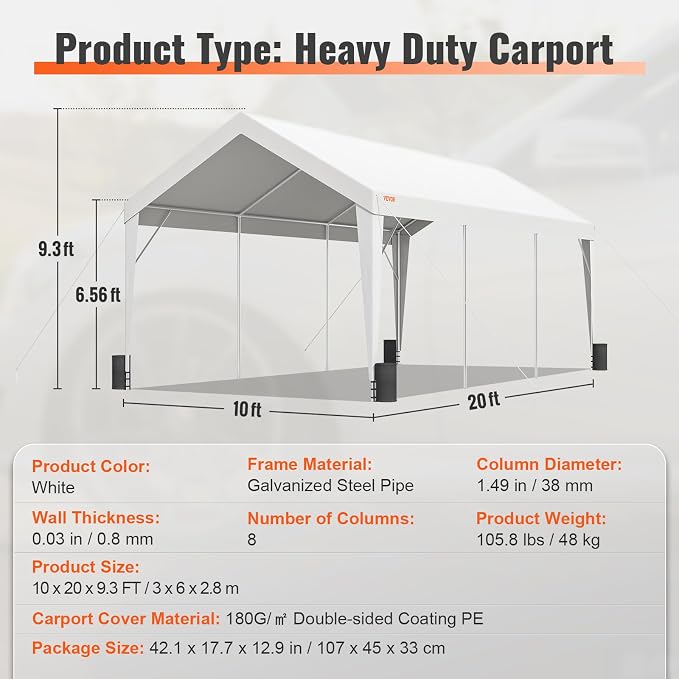 VEVOR Upgraded 10x20 ft Heavy Duty Carport Car Canopy, Car Port Garage Boat - Image 8