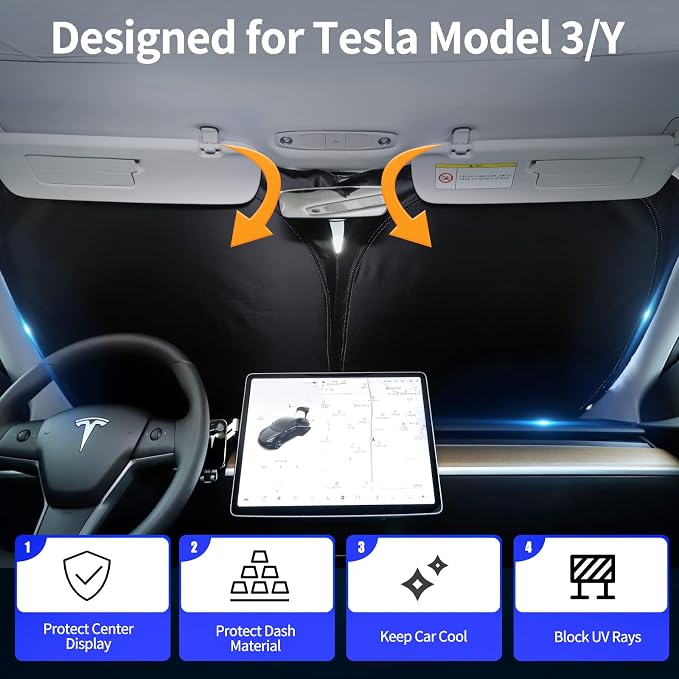 Upgraded Sunshade for Tesla Model 3/Y Windshield, Improved UV Protection Fabric - Image 2