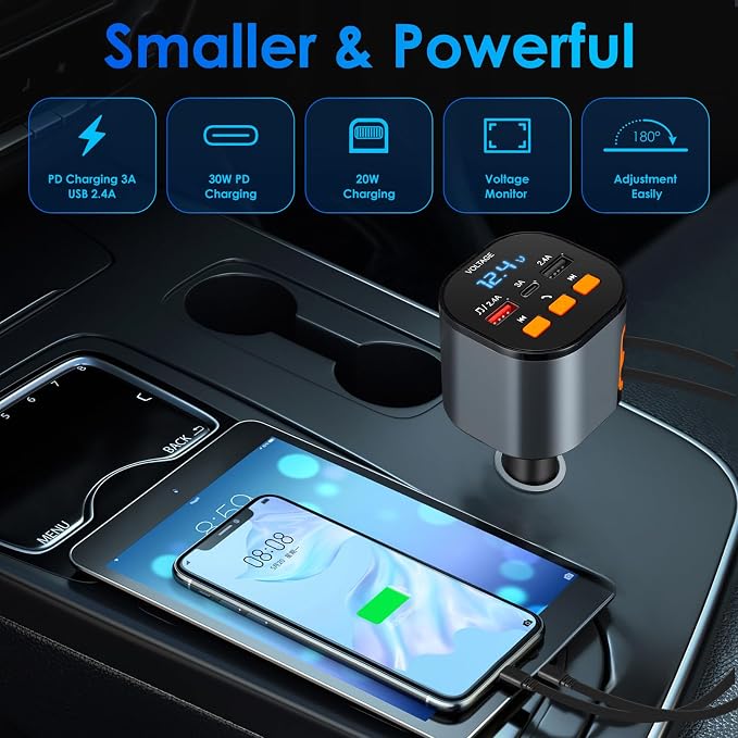 Retractable Car Charger, 5 in 1 Fast Car Phone Charger 90W, Handsfree Call - Image 4
