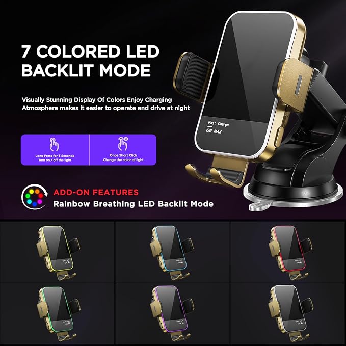 Wireless Car Charger, 【7 Colored RGB Backlit】 15W Auto Clamping Phone Holders - Image 2