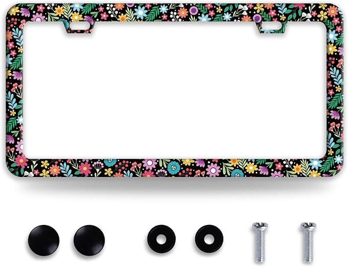 Colorful Flowers License Plate Frame Funny Floral License Plate Frames by BRAGHRTED