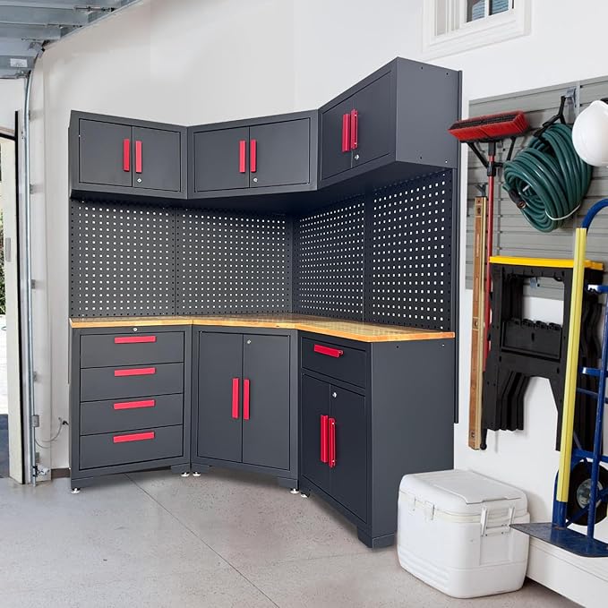 Red Garage Cabinet Storage System 10-Pcs Corner Workshop Set Garage Cabinet and - Image 2