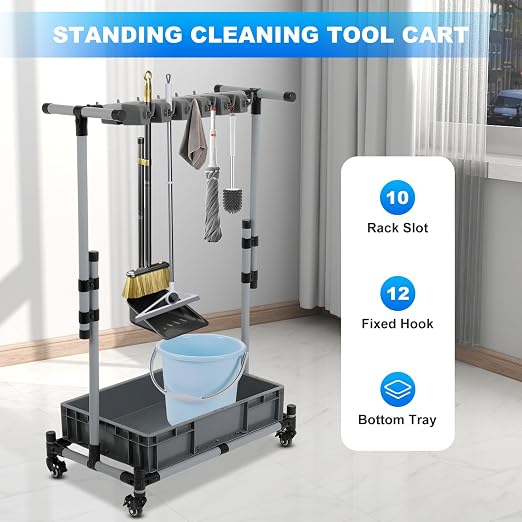 Broom and Mop Holder Freestanding Mobile Cleaning Tool Storage Rack, Floor - Image 3
