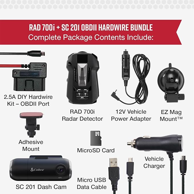 Cobra RAD 700i Radar Detector & SC 201 Smart Dash Cam + 2.5A OBD Port to Micro - Image 6