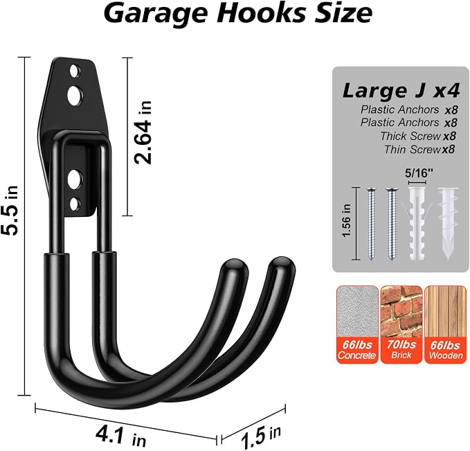 4 Pack 5.5x4.1 inch J Heavy Duty Garage Hooks, Solid Steel Wall Mount Hangers - Image 2