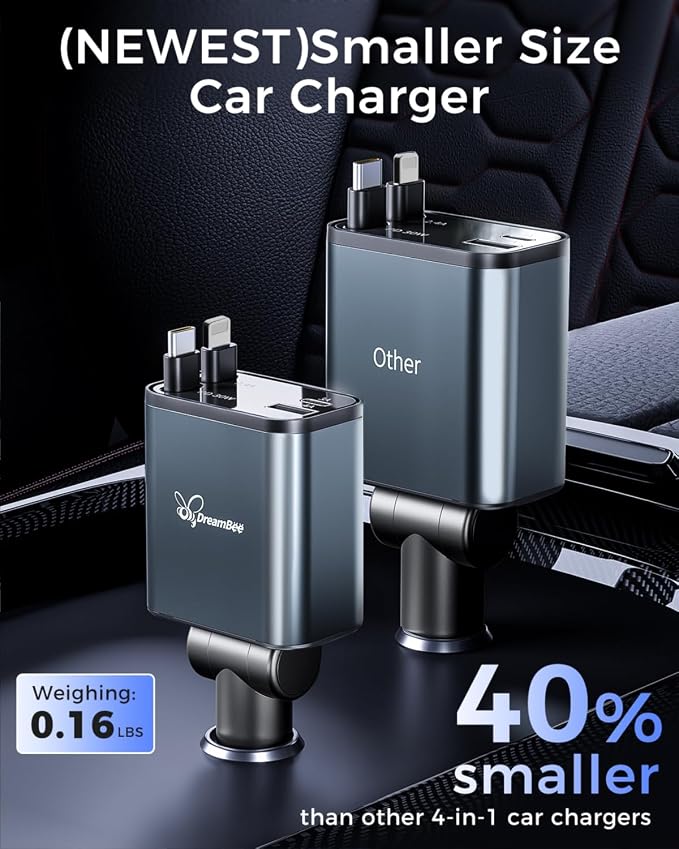 Retractable 70W USB Car Charger Adapter, 4 in 1 Fast Phone Charger, 2 - Image 2