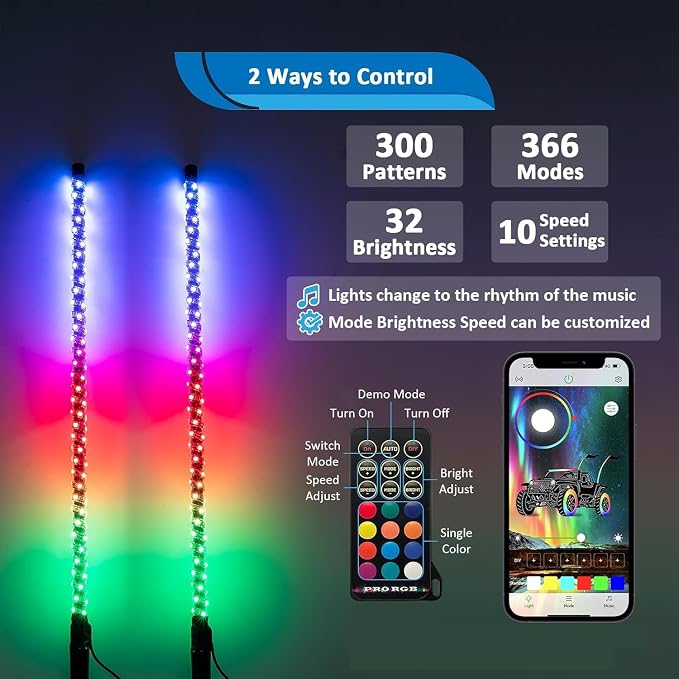 Wsays 2pcs 4ft RGB Led Whip Light - Image 2