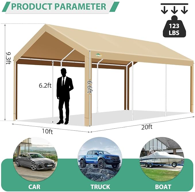 COBIZI Carport 10x20ft Heavy Duty Portable Garage, 2.0 Powder Coated Frame - Image 6