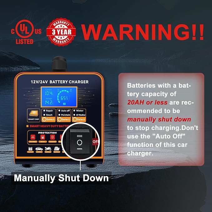 SolaMr 12V 24V Heavy Duty Car Battery Charger, 0-20A Trickle Charger - Image 6
