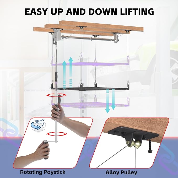 Overhead Garage Storage Rack, 4x4FT Ceiling Storage Racks Lift, Adjustable - Image 4