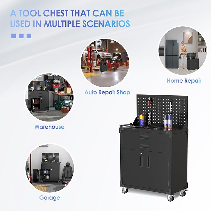 Tool Chest, Tool Cart with 2 Drawer and Lockable Doors, Garage Storage Cabinet - Image 5
