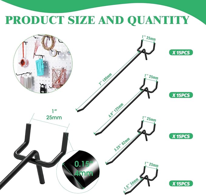 60Pcs 2" 4" 6" 8" Pegboard Hooks Assortment Set, Metal Peg Board Hooks - Image 2
