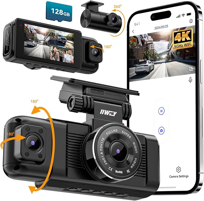 iiwey N7 3 Channel Dash Cam Front and Rear Inside 3K+1080P+1080P by iiwey