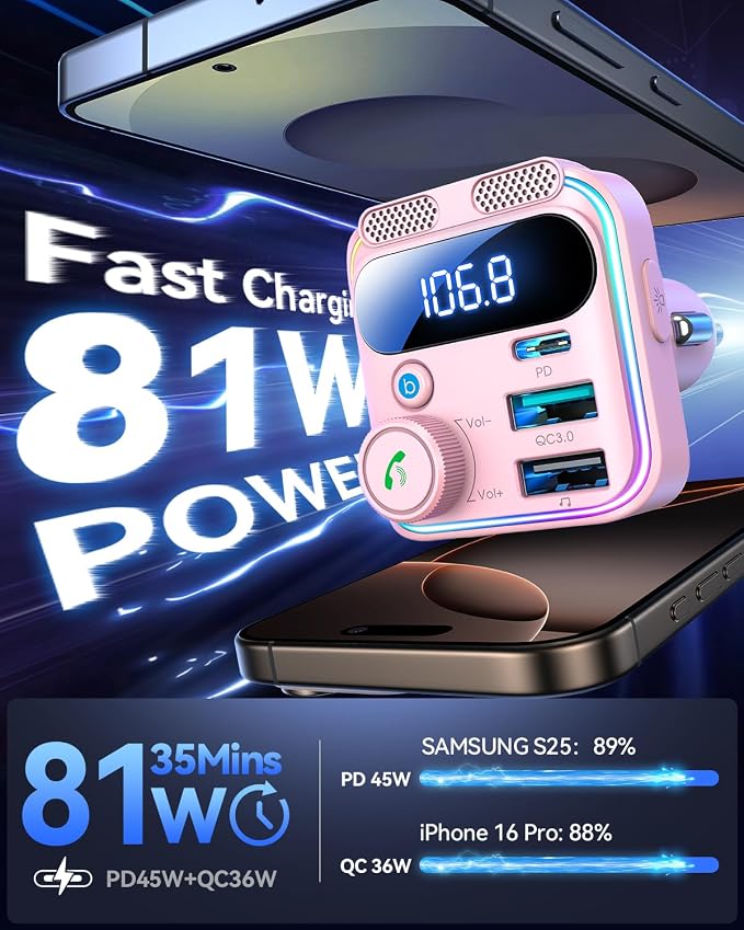 Bluetooth 5.4 Car Adapter FM Transmitter 81W PD & QC 3.0 USB C Car Charger - Image 3