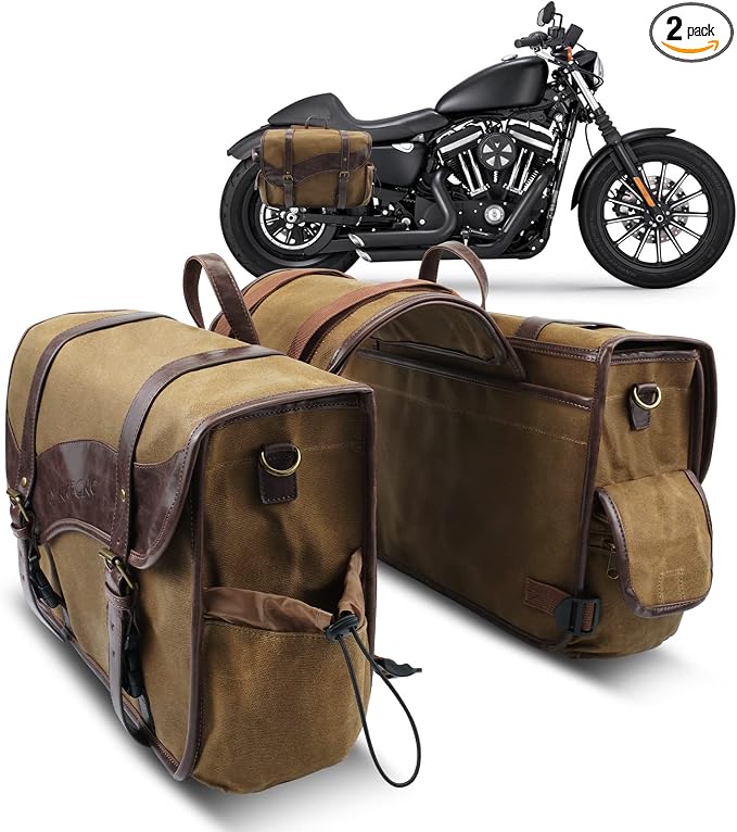 NICECNC Motorcycle Saddle Bags, Vintage Oil Waxed Canvas Motorcycle Saddlebags by Nicecnc