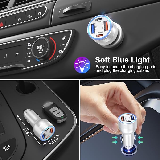 USB C Car Charger, Bangfun 65W 4 Port Dual 12V USB C & USB A Car Cigarette - Image 3