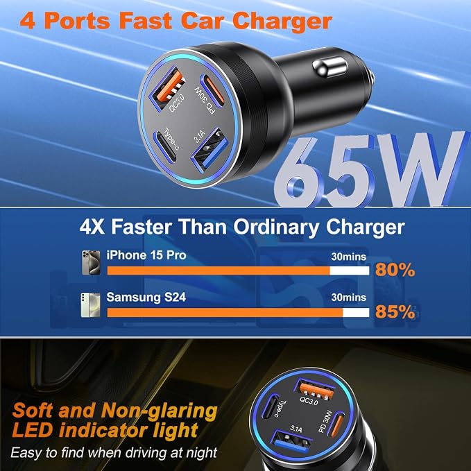 Car Charger USB C, Dual USB-C & USB-A Car Phone Charger Adapter Accessories - Image 2