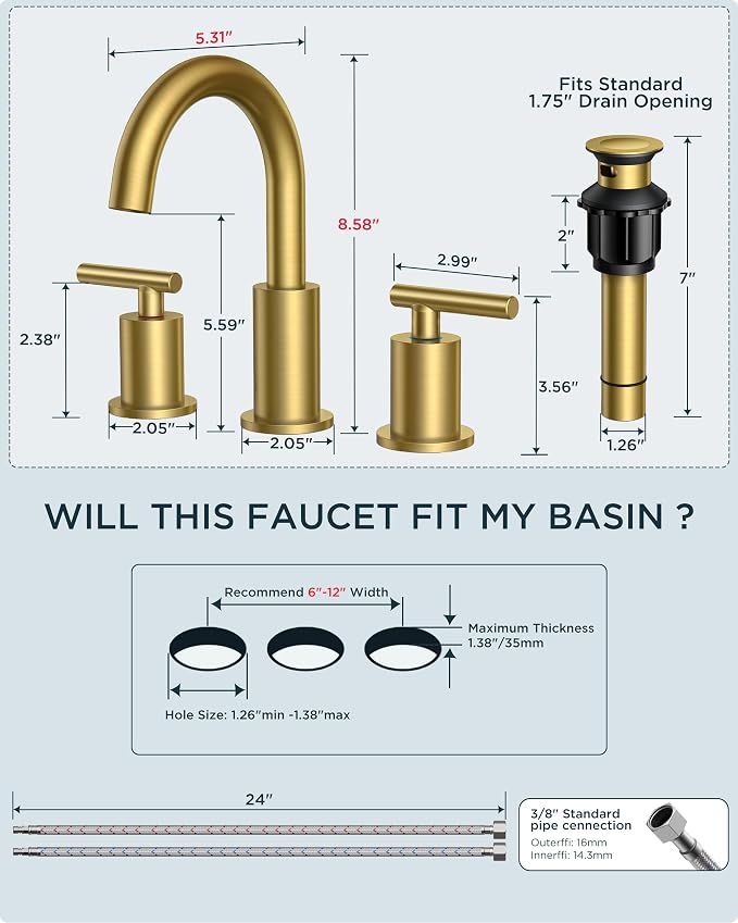 FORIOUS 8 Inch Widespread Brushed Gold Bathroom Faucet 3 Hole, 2 Handle Gold - Image 8