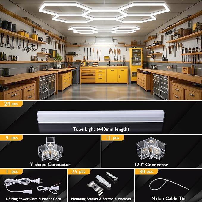 BRILLIHOOD Hexagon Garage Lights, LED Honeycomb Lights Ceiling, 6500K Super - Image 4