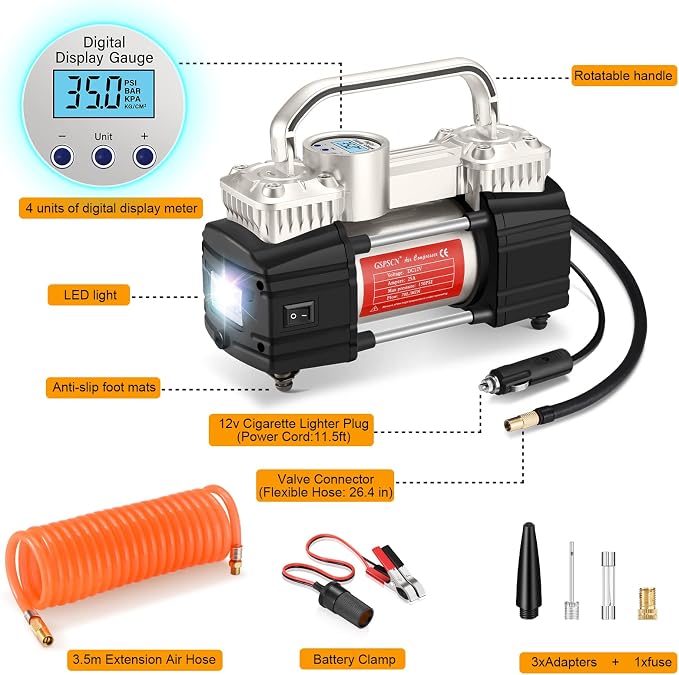GSPSCN Digital Tire Inflator, Portable Toolbox 12V Air Compressor Pump Heavy - Image 6