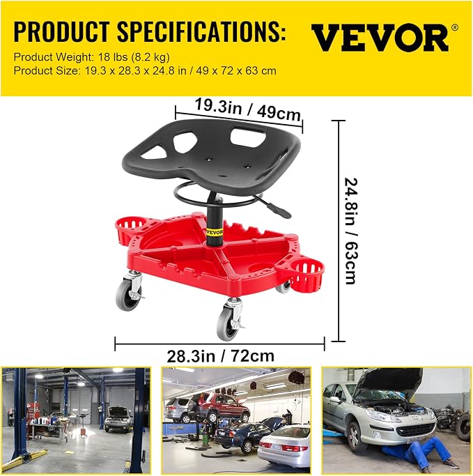 VEVOR Rolling Garage Stool, 300LBS Capacity, Adjustable Height from 18 in to 23 - Image 2