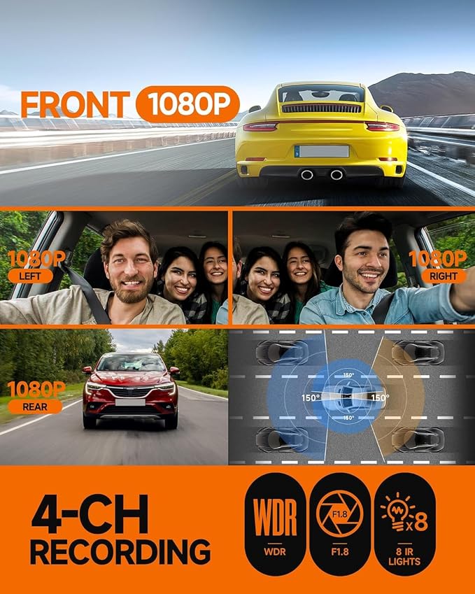 360° Dash Cam Front and Rear Inside, 4 Channel FHD 4 * 1080P, Wi-Fi GPS Voice - Image 6