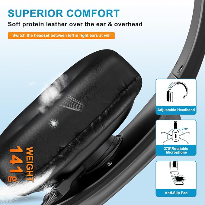 Bluetooth Headset, 60hrs Noise Canceling V5.2 Over Head Headphones, Single Ear - Image 4