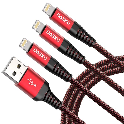 3 Pack 3 FT Lightning Cable Certified iPhone Charger Cable Red Nylon Braided by Dasku