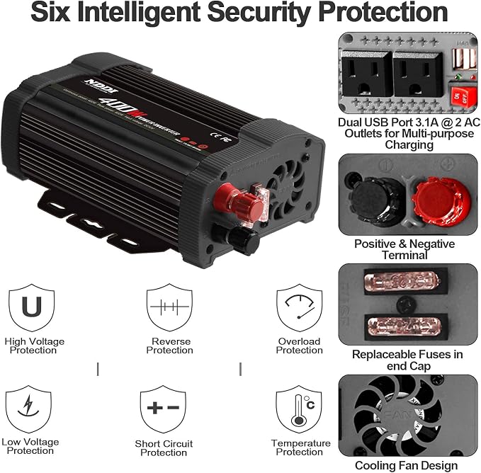 400W Car Power Inverter, DC 12V to 110V AC Converter - Image 5