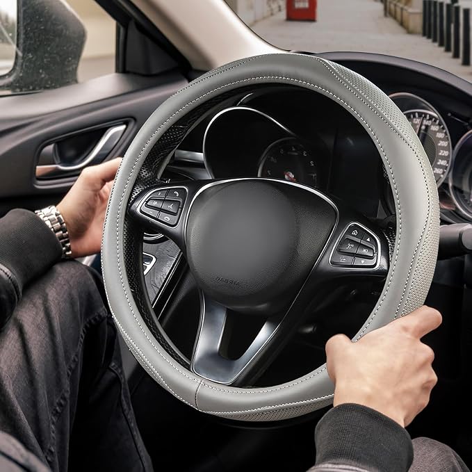 High-Grade Gray Genuine Leather Steering Wheel Cover - Image 2