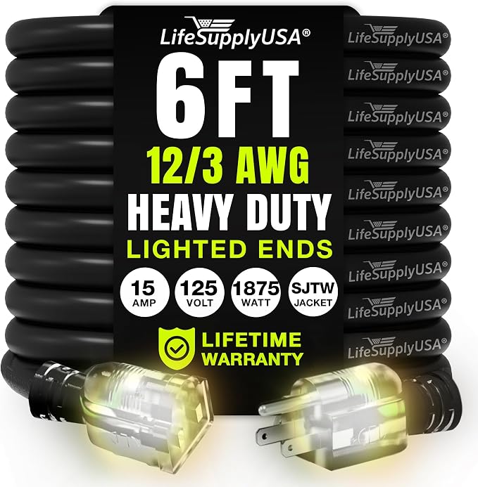 6ft Outdoor/Indoor Extension Cord 12/3 Gauge Extra Heavy Duty 3 Prong SJTW by LifeSupplyUSA