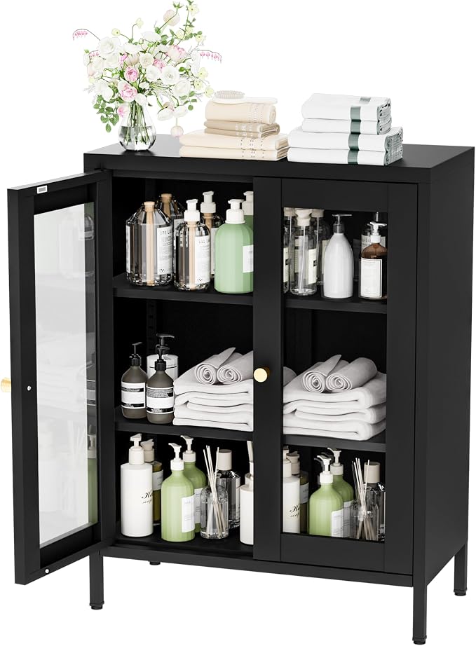 Metal Bathroom Cabinet with Glass Doors, Bathroom Floor Storage Cabinet with 2 - Image 6