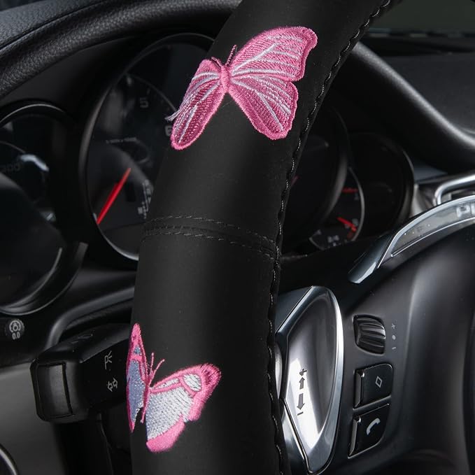 Car Pass Pink Embroidery Butterfly Steering Wheel Cover, Universal 15 Inch Car - Image 4